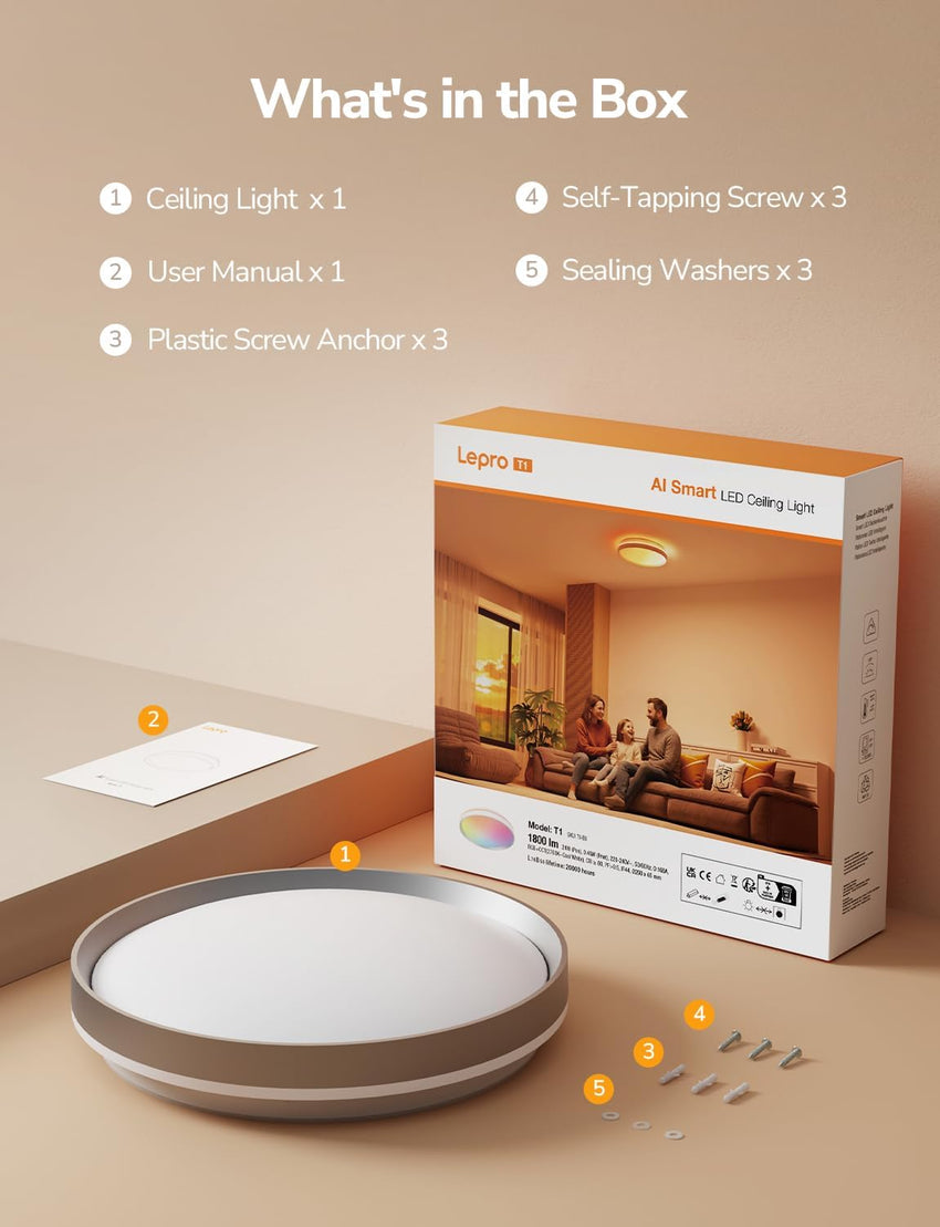 Lepro T1 AI Smart Ceiling Light 24W, Music Sync, Voice Control, AI Lighting Design Assistant, Waterproof Bathroom Light, DIY by Zone, Bluetooth&WiFi, Color Changing, Work with Alexa, Google Home, 29CM
