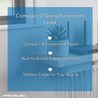 PRO ELEC 2-Gang Extension Lead | 500mm Cable | 13A | UK Plug | White - PELB1403