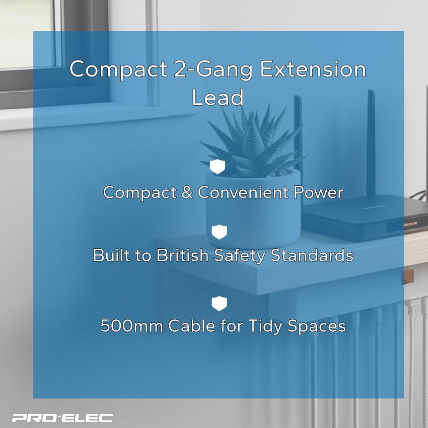 PRO ELEC 2-Gang Extension Lead | 500mm Cable | 13A | UK Plug | White - PELB1403