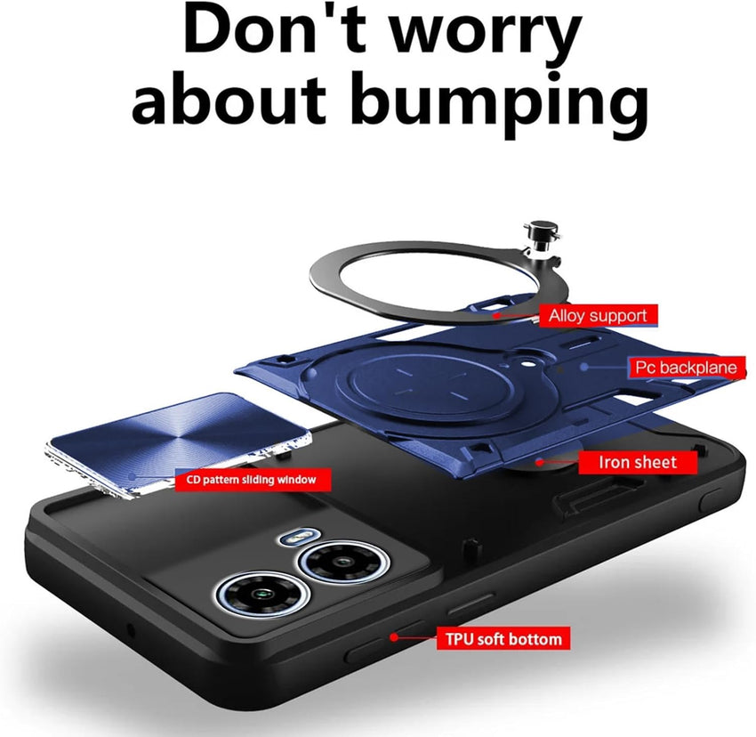 KUSINHOKA Case for Motorola Moto G34 5G With Slide Camera Protection Cover,Magnetic Metal Ring Kickstand Shockproof Military Grade Heavy Duty Tough Cover,Blue