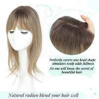 Fine Plus 18 Inch 360Â° Hair Topper with Fringe, Fluffy Wispy Fringe Blends Naturally Synthetic Hair Clips With 4"x5" Base Hairpieces for Women Daily Use & Parties (Dark Blonde with Dark Root)