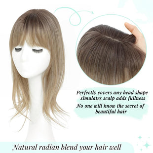 Fine Plus 18 Inch 360Â° Hair Topper with Fringe, Fluffy Wispy Fringe Blends Naturally Synthetic Hair Clips With 4"x5" Base Hairpieces for Women Daily Use & Parties (Dark Blonde with Dark Root)