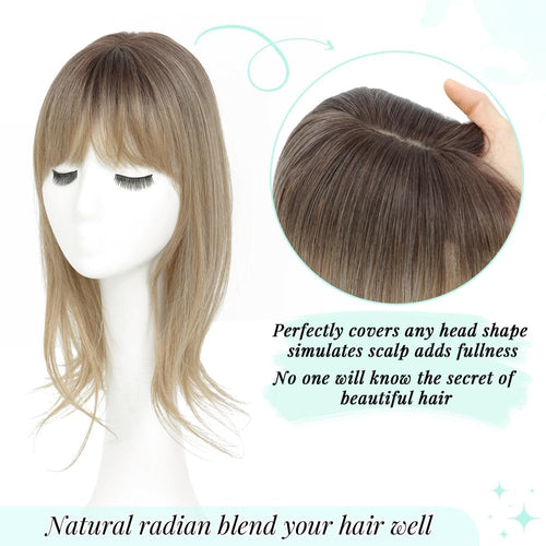 Fine Plus 18 Inch 360Â° Hair Topper with Fringe, Fluffy Wispy Fringe Blends Naturally Synthetic Hair Clips With 4"x5" Base Hairpieces for Women Daily Use & Parties (Dark Blonde with Dark Root)