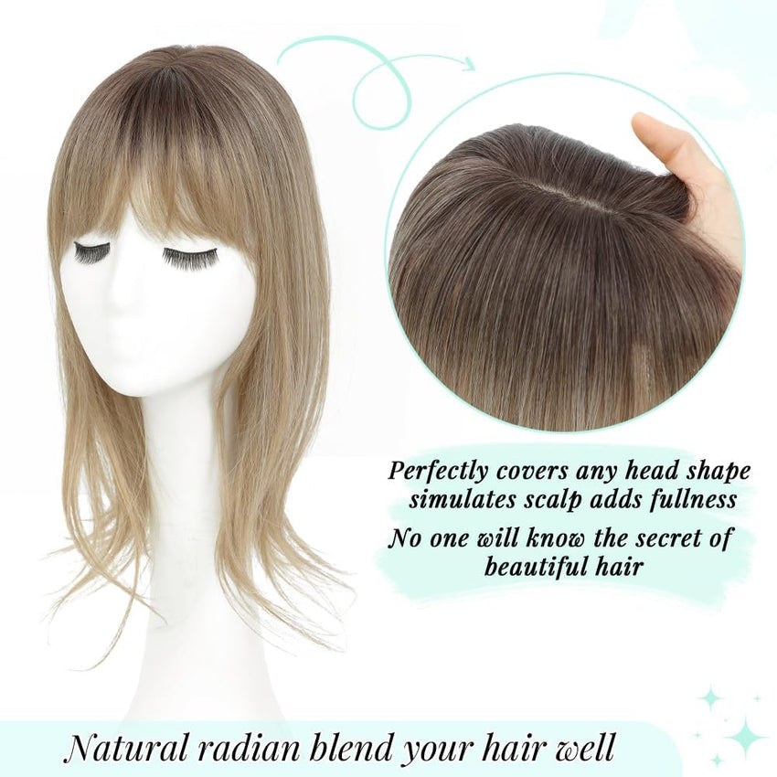 Fine Plus 18 Inch 360Â° Hair Topper with Fringe, Fluffy Wispy Fringe Blends Naturally Synthetic Hair Clips With 4"x5" Base Hairpieces for Women Daily Use & Parties (Dark Blonde with Dark Root)