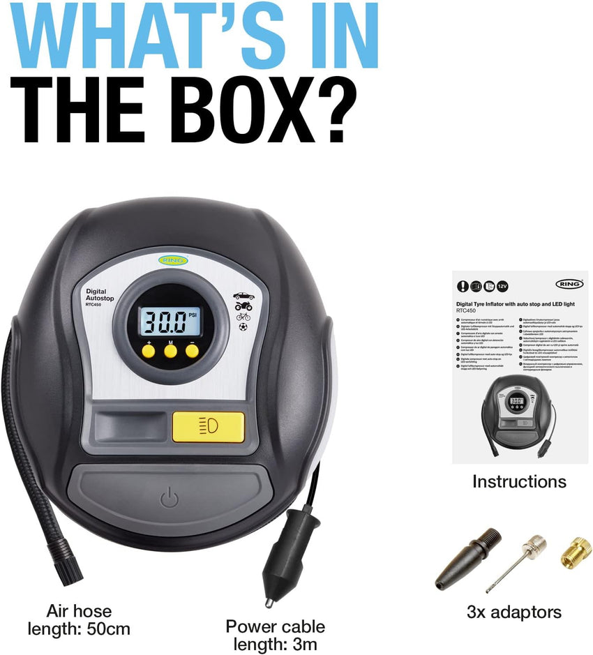 Ring Automotive RTC450 Digital Tyre Inflator with Auto Shut-off, Memory, LED Light, Backlit Display and Adapter Kit, New Model 2022 Ring, Black/Grey/Yellow