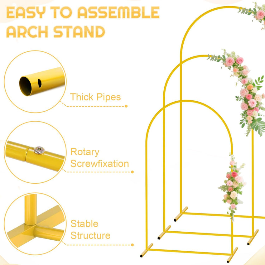 3-Piece Metal Arch Backdrop Stands with Gold Frames & Black Covers 6ft/5ft/4ft Black 3pcs
