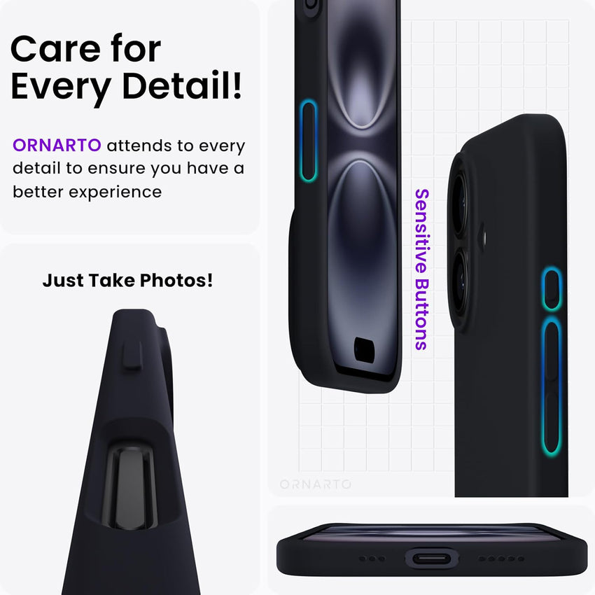 ORNARTO Compatible with iPhone 16 Case 6.1", Slim Liquid Silicone 3 Layers Full Covered Soft Gel Rubber 16 Phone Cases Cover 6.1 inch Black