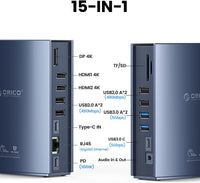ORICO MacBook Docking Station for MacBook M1/M2, Mac, Window, 15 in 1 USB C Triple Display Docking Station with Dual Moniter 4K HDM, 8 USB Ports, Display Port, 100W PD, RJ45, 3.5mm Audio, TF/SD