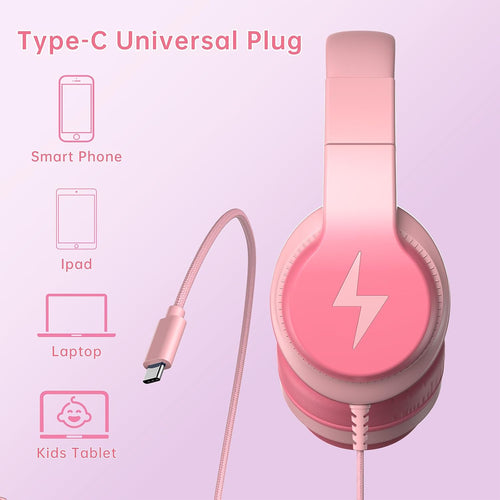 Candy Bila Kids Headphones, Wired Headphones for Kids Over Ear with Microphone, 85/94dB Volume Limiter Headphone for Girls Boys, Foldable Headphone for Learning & Entertainment,Gradient Purple