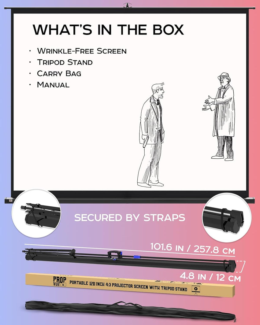 PropVue Projector Screen with Stand 100-120 inch - Indoor and Outdoor Projection Screen for Movie or Office Presentation - Adjustable from 16:9 to 4:3 HD Premium Wrinkle-Free Tripod Screen
