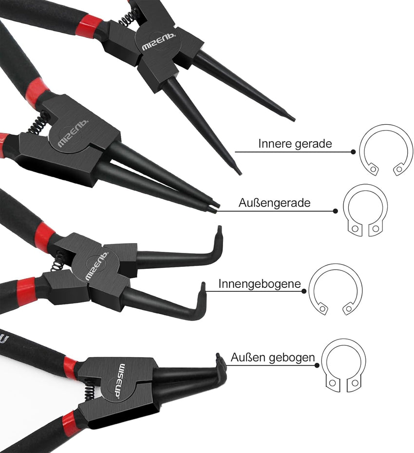 WISEUP Pliers Set, 170mm 4-Piece Bent/Straight Internal External Circlip Pliers, Industrial Carbon Steel plier Set, Anti-Rust, Anti-Bending and Labor-Saving Split Ring Pliers, with Storage Bag