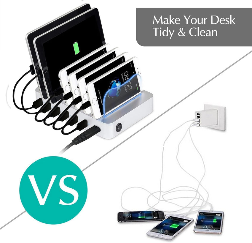 Charging Station 6-Port USB Dock with Cable & Status LEDs Silver