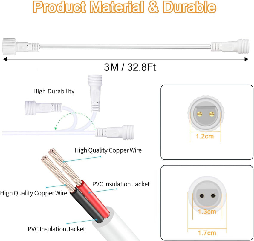 Redefun 3M 2 Pin Extension Cable, Waterproof Cord Anti-Corrosion Extension Lead Wire for Outdoor String Lights, Festoon Lights, G40 Globe Light, Icicle Curtain Net Light