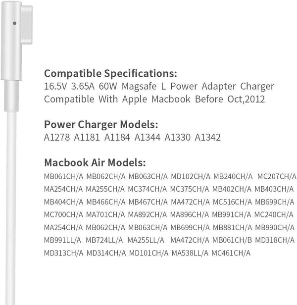 60W MagSafe 1 MacBook Power Adapter Replacement Compatible with MacBook 11"/13" (A1369 A1343 A1290) ÃÂ¢ÃÂÃÂ White