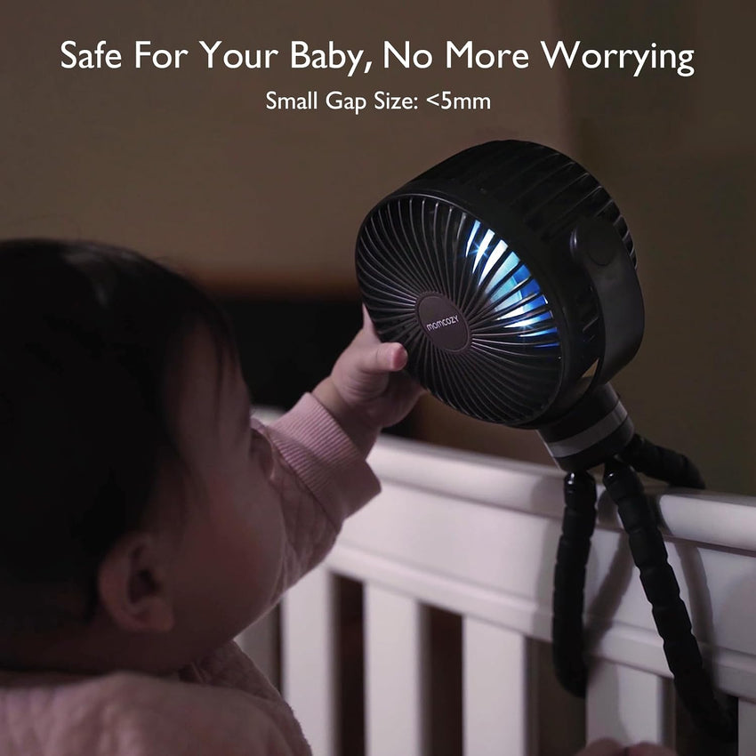 momcozy Portable Pram Fan 8000mAh Rechargeable Stroller Fan with 4 Speeds Black
