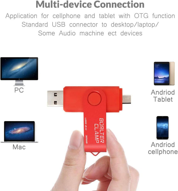 32GB OTG Memory Stick Dual USB Flash Drive, Thumb Drive with Micro USB Drive Port for Android Smartphone Tablet & Computer (Red)