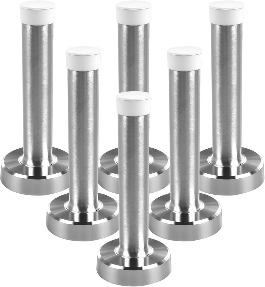 Door Stop - Chrome Door Stopper Heavy Duty Door Stoppers for Skirtings Wall Mounted Doorstops Stainless Steel Door Stops Indoors Self Adhesive Doorstop with White Rubber, 6 Pack