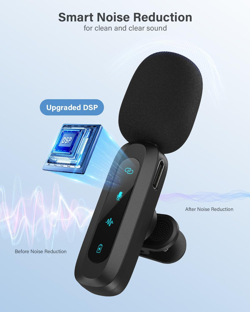Wireless Lavalier Microphone for iPhone, iPad, Android Phone, 2-Pack Mini Microphone with Noise Reduction, Auto Pairing and Mute & Reverb for Vlogging, Video Recording, TikTok, YouTube - Plug & Play