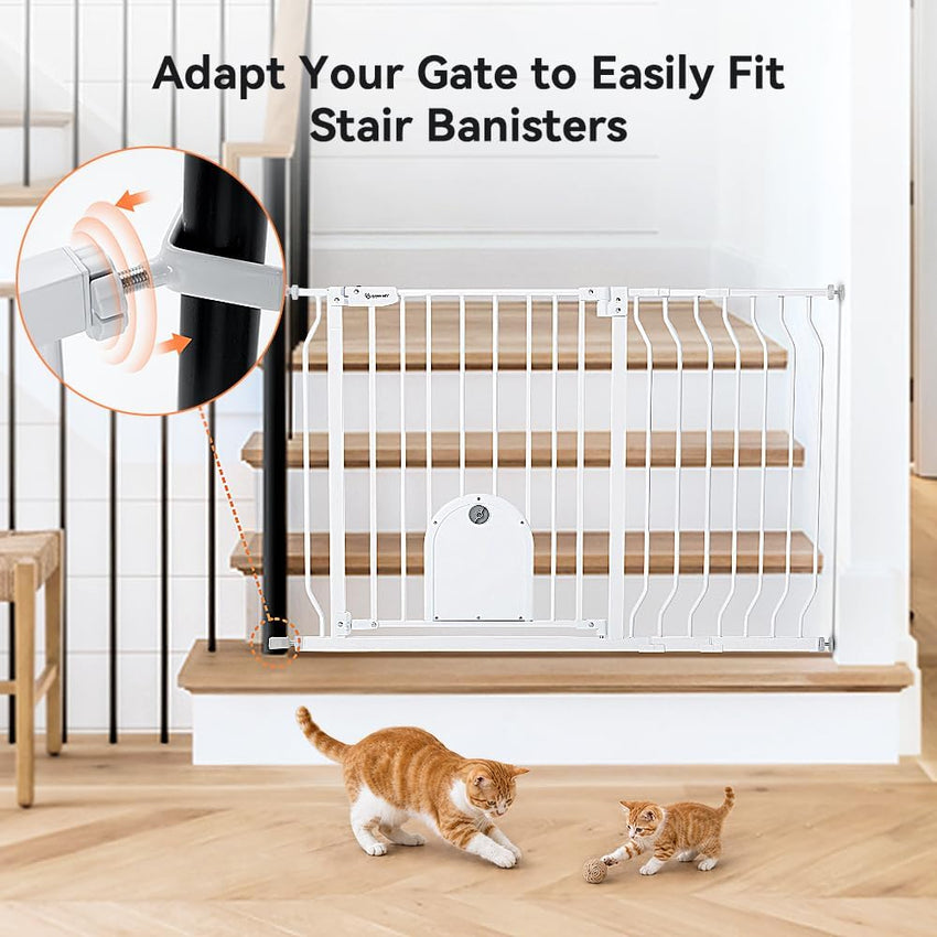 COMOMY 75-123cm Stair gate Pet Gate with Adjustable Cat Flap, Dog Gate for Stairs Doorways, Auto Close Baby Gate with Cat Door for House, Pressure Fit Easy Walk Through Safety Gate Extra Wide (White)