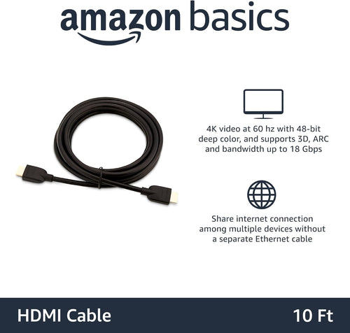 Amazon Basics 4K HDMI Cable 3m - 18Gbps High Speed with Ethernet, 4K@60Hz, 2160p, Black