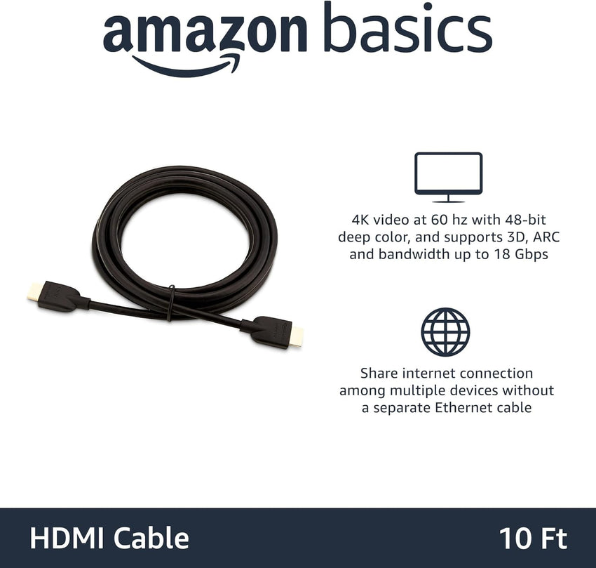 Amazon Basics 4K HDMI Cable 3m - 18Gbps High Speed with Ethernet, 4K@60Hz, 2160p, Black