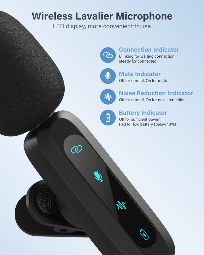 Wireless Lavalier Microphone for iPhone, iPad, Android Phone, 2-Pack Mini Microphone with Noise Reduction, Auto Pairing and Mute & Reverb for Vlogging, Video Recording, TikTok, YouTube - Plug & Play