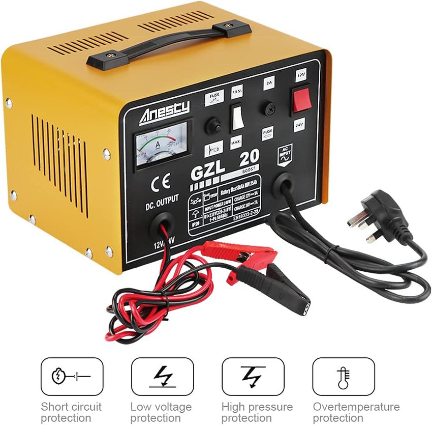 Car Battery Charger, 12V/24V 20A 20Amp Heavy Duty Battery Charger, Ideal for Various Vehicle Cars Vans Tractors Lead-acid Batteries