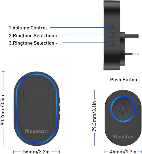 Wireless Doorbell, IP67 Waterproof Plug in Doorbell Kits Operating at The Range of 300m with 39 Loud Melodies, 5 Levels Volume Adjust & LED Indicator, Easy Install at Home & Apartment, Black