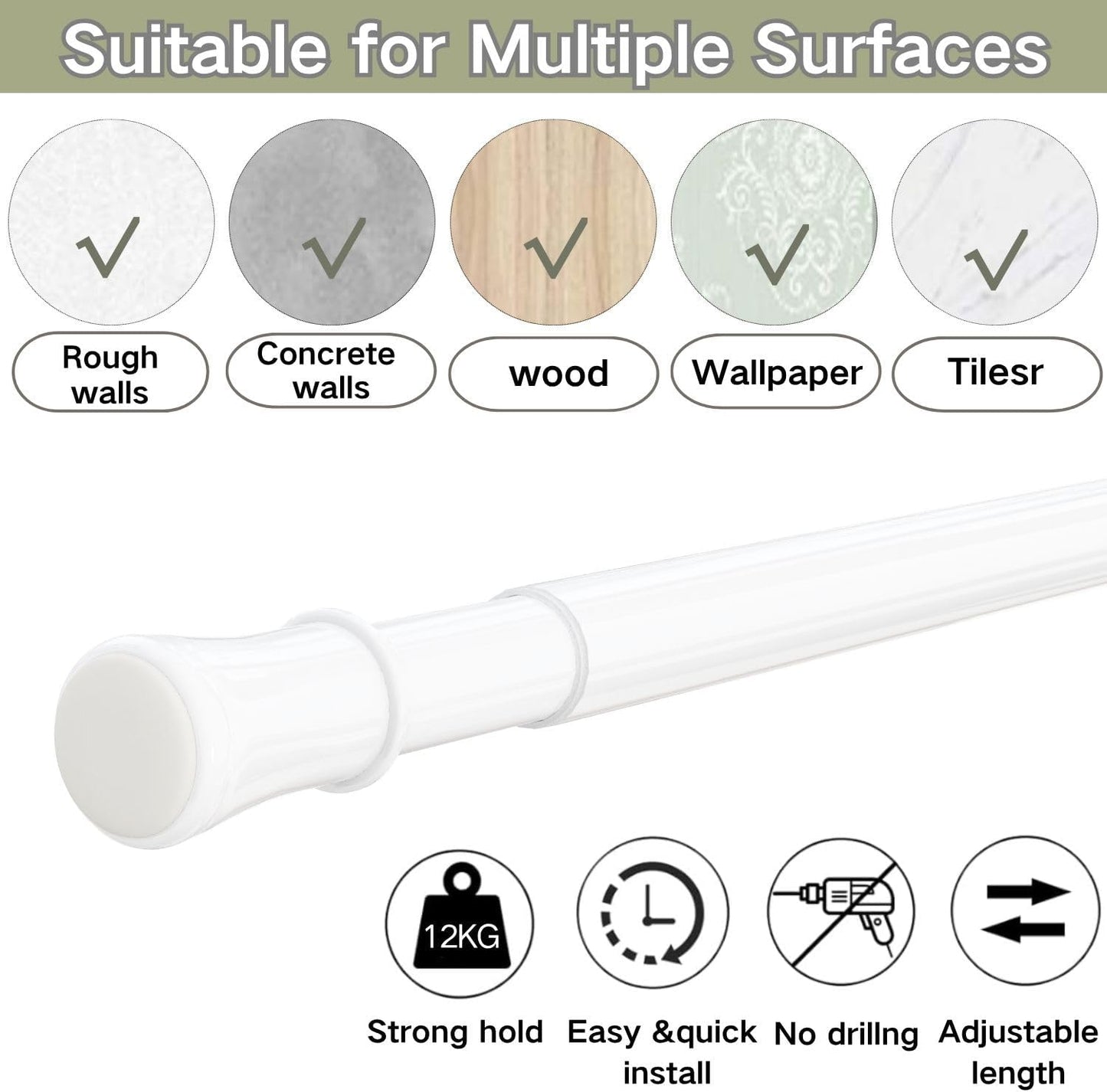 1PC Extendable Curtain Tension Pole No Drill Telescopic Shower Curtain Pole Adjustable Shower Curtain Rail for Eyelet Curtains, Bathroom, Bedroom (170-260CM/67-103Inc, White)