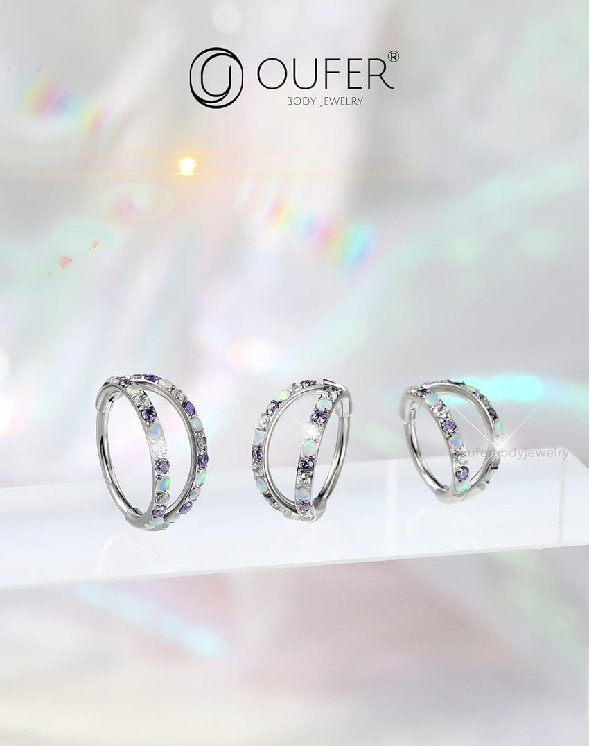20G Nose Ring Hoops, Double Line CZ Opal Helix & Tragus Earrings â Silver