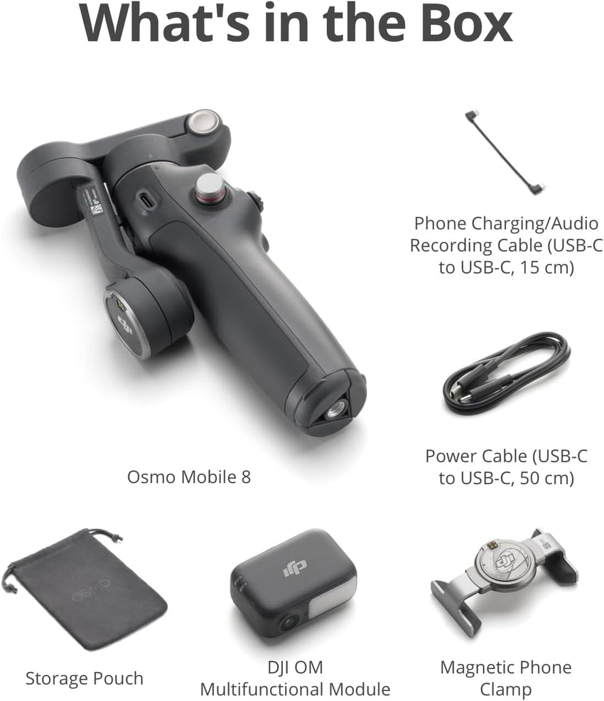 DJI Osmo Mobile 8 Gimbal Stabilizer for Phone, AI Native Tracking with Audio & Lighting, 360^0 Pan Rotation, Built-in Extension Rod & Tripod, 10h Battery, Extension Rod, Robust 3-Axis Stabilization
