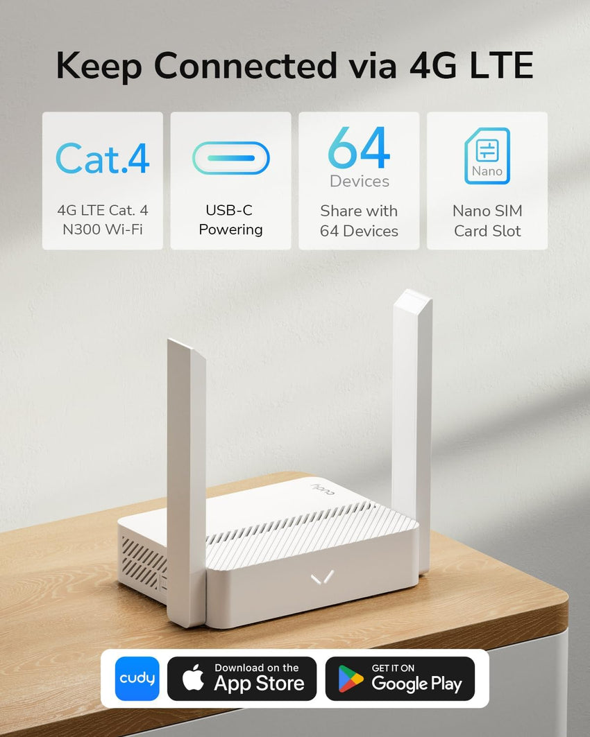 Cudy New LT300 4G LTE WiFi Router 300Mbps, Compatible with All Operators, 2 2 MIMO, No Configuration Required, OpenVPN, WireGuard