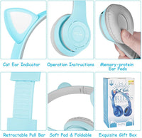 AXFEE Bluetooth Kids Headphones, LED Light Up Cat Ear Wired/Wireless Headphone, HD Stereo Sound, Foldable Children Headphone for PC Phone Ipad Study Travel School, Suitable for Girls Boys Gift (Blue)