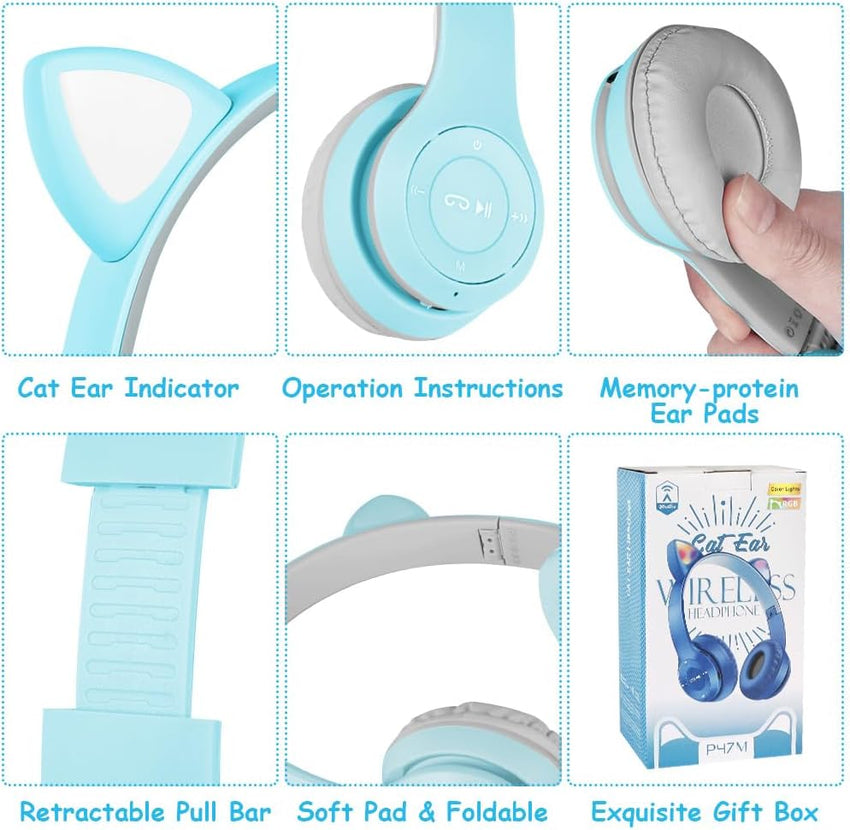 AXFEE Bluetooth Kids Headphones, LED Light Up Cat Ear Wired/Wireless Headphone, HD Stereo Sound, Foldable Children Headphone for PC Phone Ipad Study Travel School, Suitable for Girls Boys Gift (Blue)