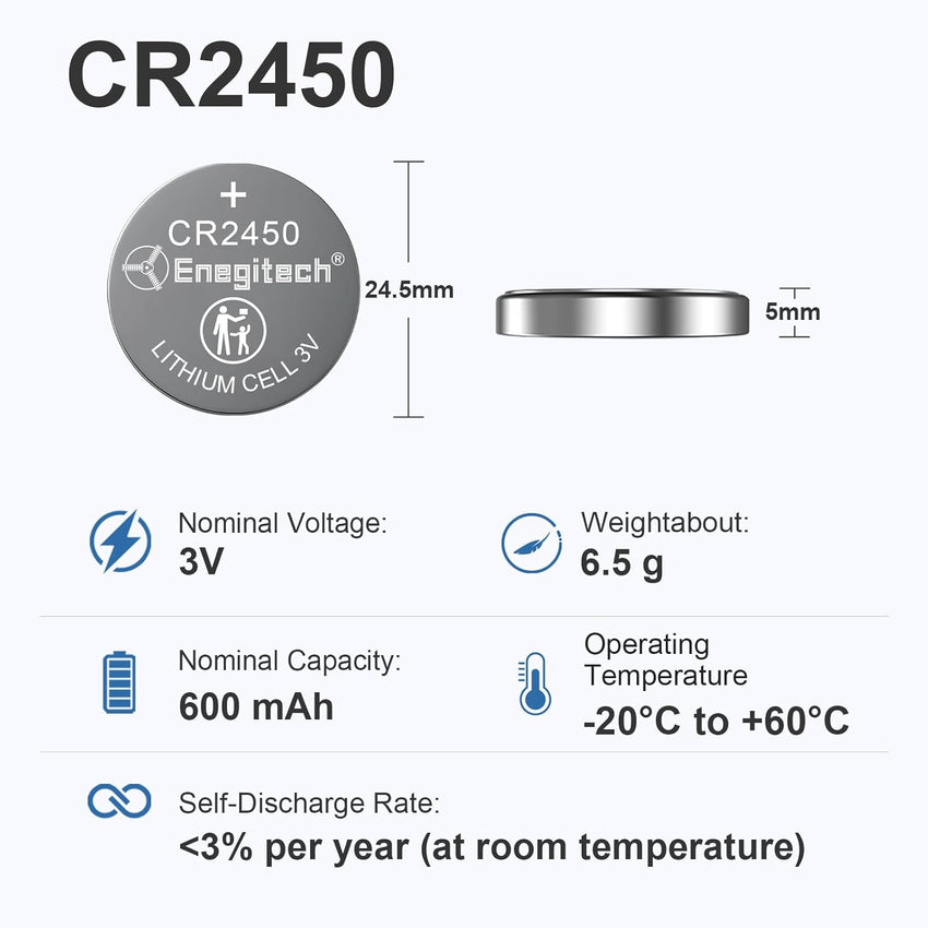 Enegitech CR2450 Lithium Coin Batteries Button 2450 3V for Use in Key Fobs, Scales, and Temperature Sensors, Hygrometers, Remote Controls, Electronic Scales, Digital Clocks, Smart Meters (6 Pack)