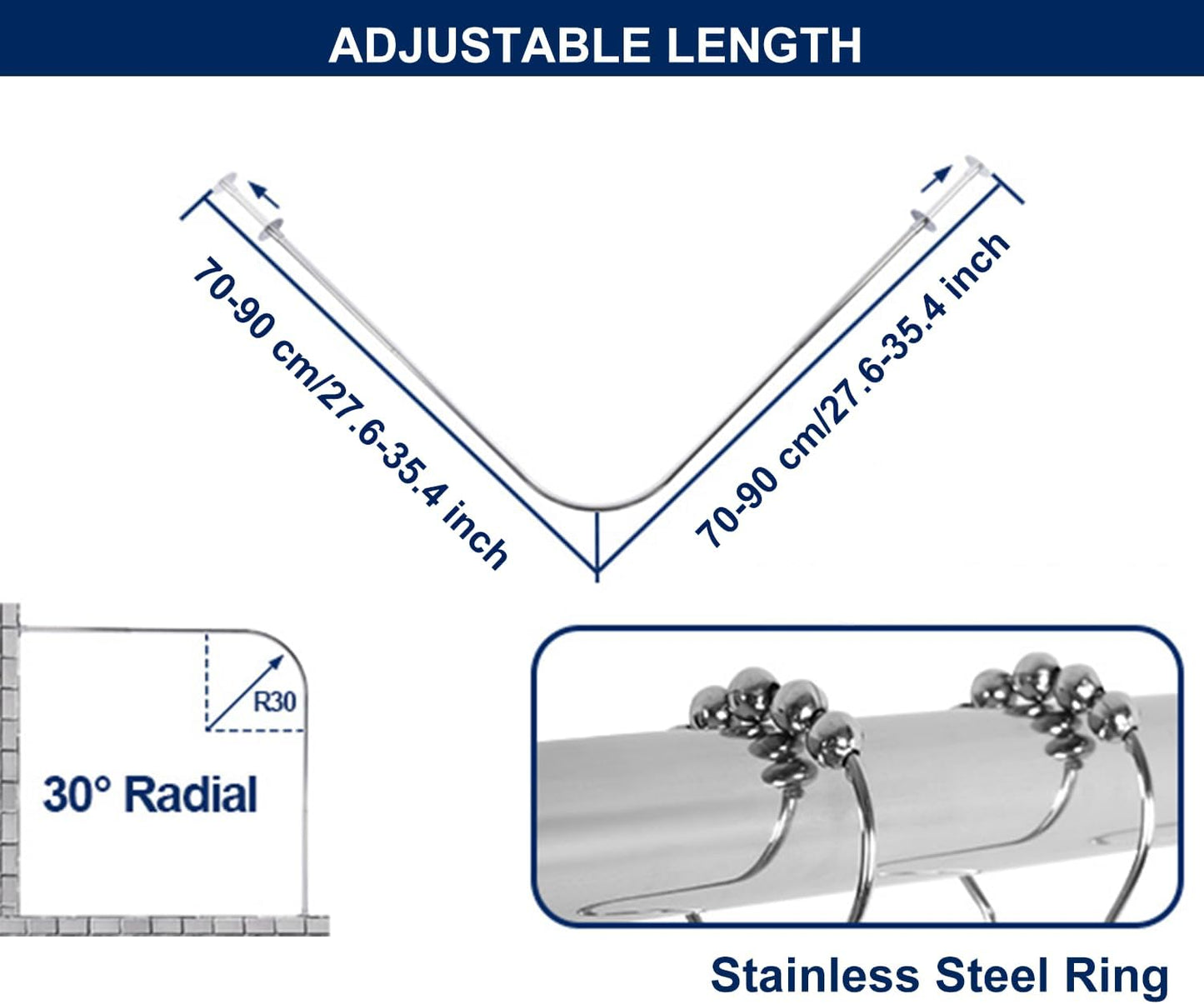 mosegor Shower Curtain Rail L Shaped Shower Curtain Rod Extendable Corner Shower Curtain Pole with Curtain for Bathroom Clothing Store Private Space Drill Free Install 70-95 cm