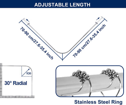 mosegor Shower Curtain Rail L Shaped Shower Curtain Rod Extendable Corner Shower Curtain Pole with Curtain for Bathroom Clothing Store Private Space Drill Free Install 70-95 cm