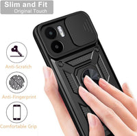 UPLAI Armor Case for Xiaomi Redmi A1/Xiaomi Redmi A2, Ultra Thin Shockproof Silicone Cover with Slide Camera Cover and Magnetic Ring Kickstand, PC + TPU Durable Cover.Black