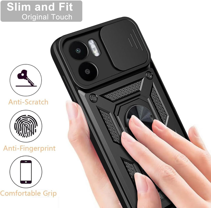 UPLAI Armor Case for Xiaomi Redmi A1/Xiaomi Redmi A2, Ultra Thin Shockproof Silicone Cover with Slide Camera Cover and Magnetic Ring Kickstand, PC + TPU Durable Cover.Black