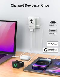 MOMAX Universal Travel Adapter,70W GaN Travel Plug Adapter with UK/EU/AU/US Plugs, 3USB-C PD & 2USB-A QC International Adapter Charger, White Gray