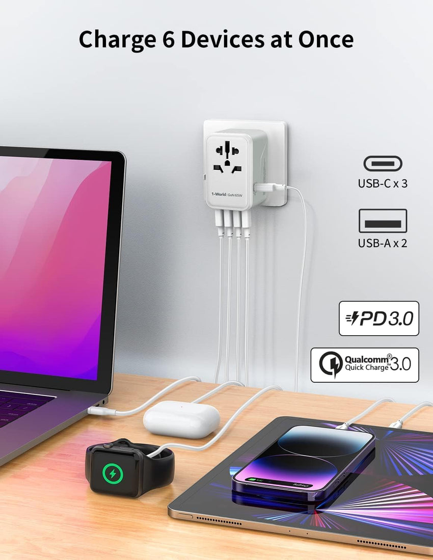 MOMAX Universal Travel Adapter,70W GaN Travel Plug Adapter with UK/EU/AU/US Plugs, 3USB-C PD & 2USB-A QC International Adapter Charger, White Gray