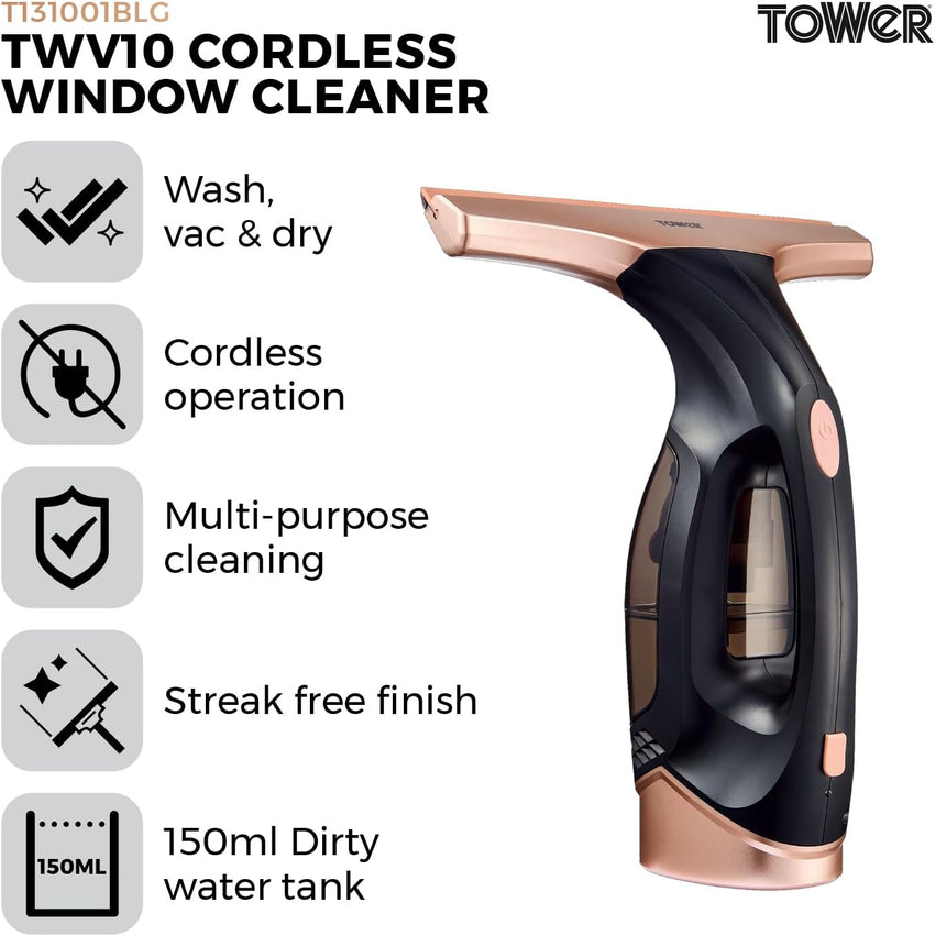 Tower Cordless Window Vac T131001BLG 150ml 20W Rechargeable Black/Rose Gold