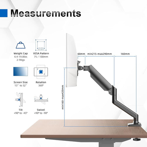 GRIFEMA GB2003-1 Single Monitor Arm Desk Mount for 13" to 32" Screen, Gas Spring Single Monitor Stand, Weight 2-9KG, Height Adjustable VESA 75 & 100mm, Black