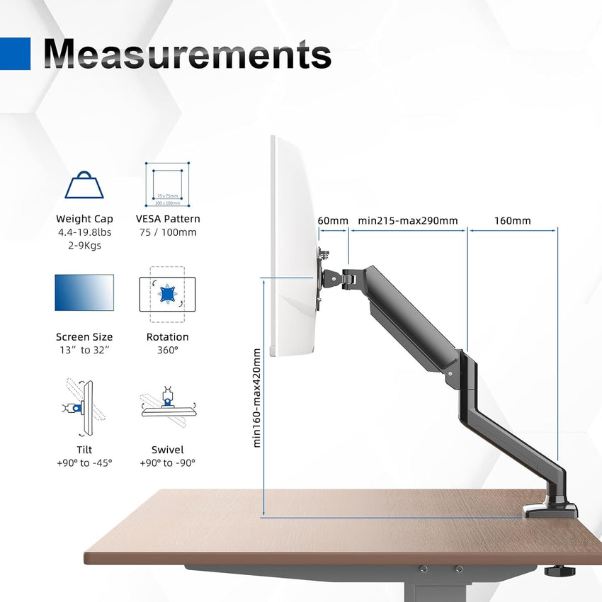 GRIFEMA GB2003-1 Single Monitor Arm Desk Mount for 13" to 32" Screen, Gas Spring Single Monitor Stand, Weight 2-9KG, Height Adjustable VESA 75 & 100mm, Black