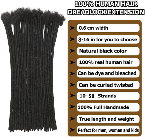 0.6cm Thickness Dreadlock Extensions Human Hair 30 Strands Natural Black 8 Inch
