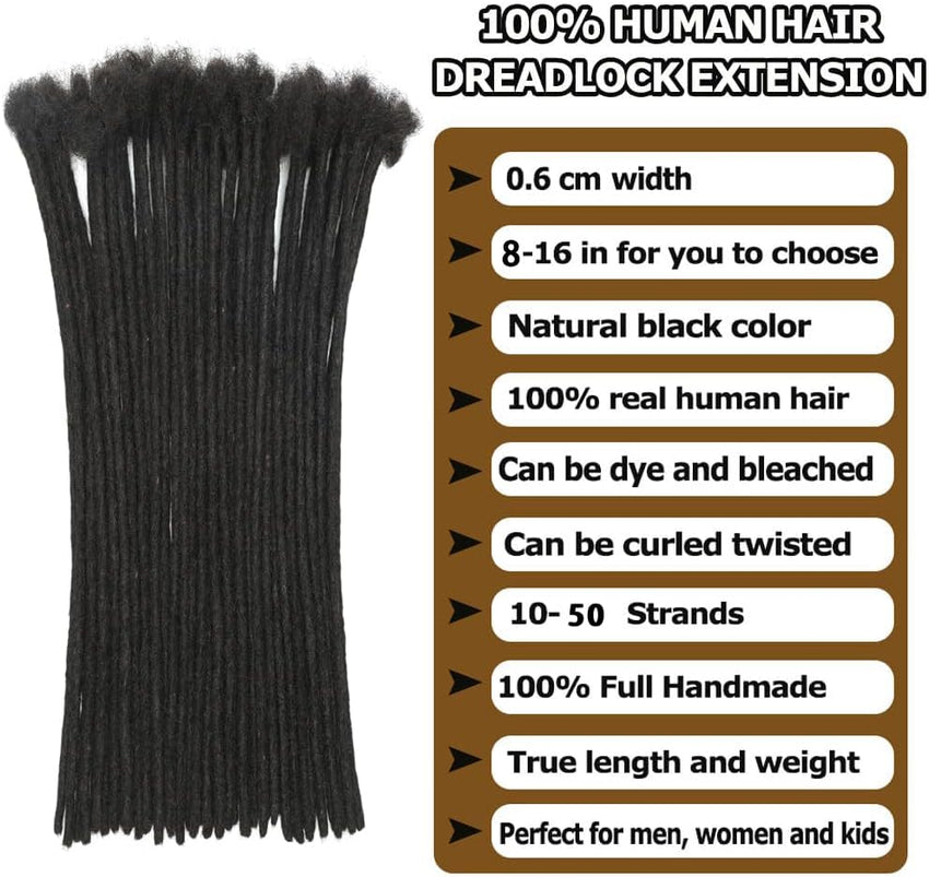 0.6cm Thickness Dreadlock Extensions Human Hair 30 Strands Natural Black 8 Inch