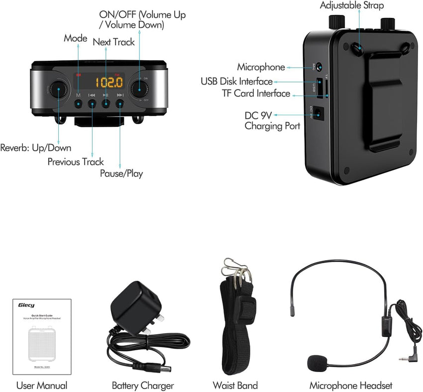 Giecy Portable Voice Amplifier with Headset Microphone 30W Rechargeable Battery 2800mAh Powerful Sound System for Teachers, Guides, Coaches, Presenters
