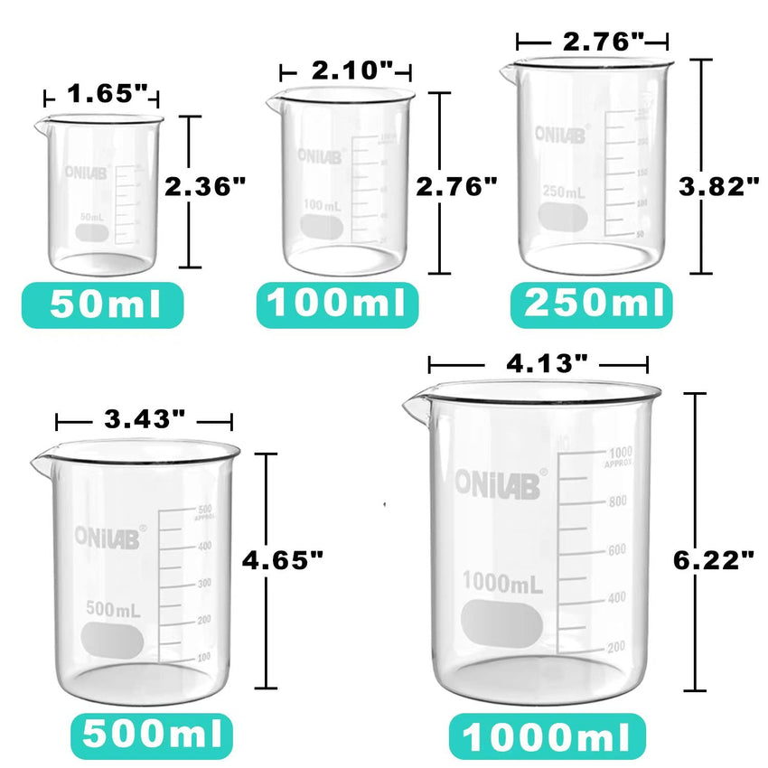 Glass Measuring Beaker Set 4 Pieces 50ml to 1000ml Low Form 3.3 Boro Griffin