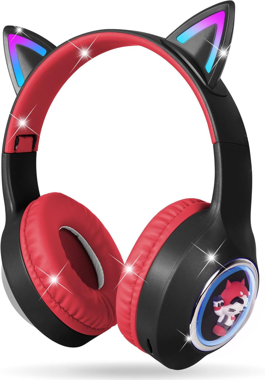 AXFEE Bluetooth Kids Headphones, LED Light Up Cat Ear Wired/Wireless Headphone, HD Stereo Sound, 10H Playtime, Foldable Children Headphone for PC Phone Ipad Study Travel School, 105dB Volume Limited