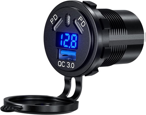 Thlevel USB C Car Charger Socket Waterproof Fast Charge Power Outlet 45W PD & 18W QC3.0 with LED Digital Voltmeter and Switch for 12V 24V Marine Boat Motorcycle Truck